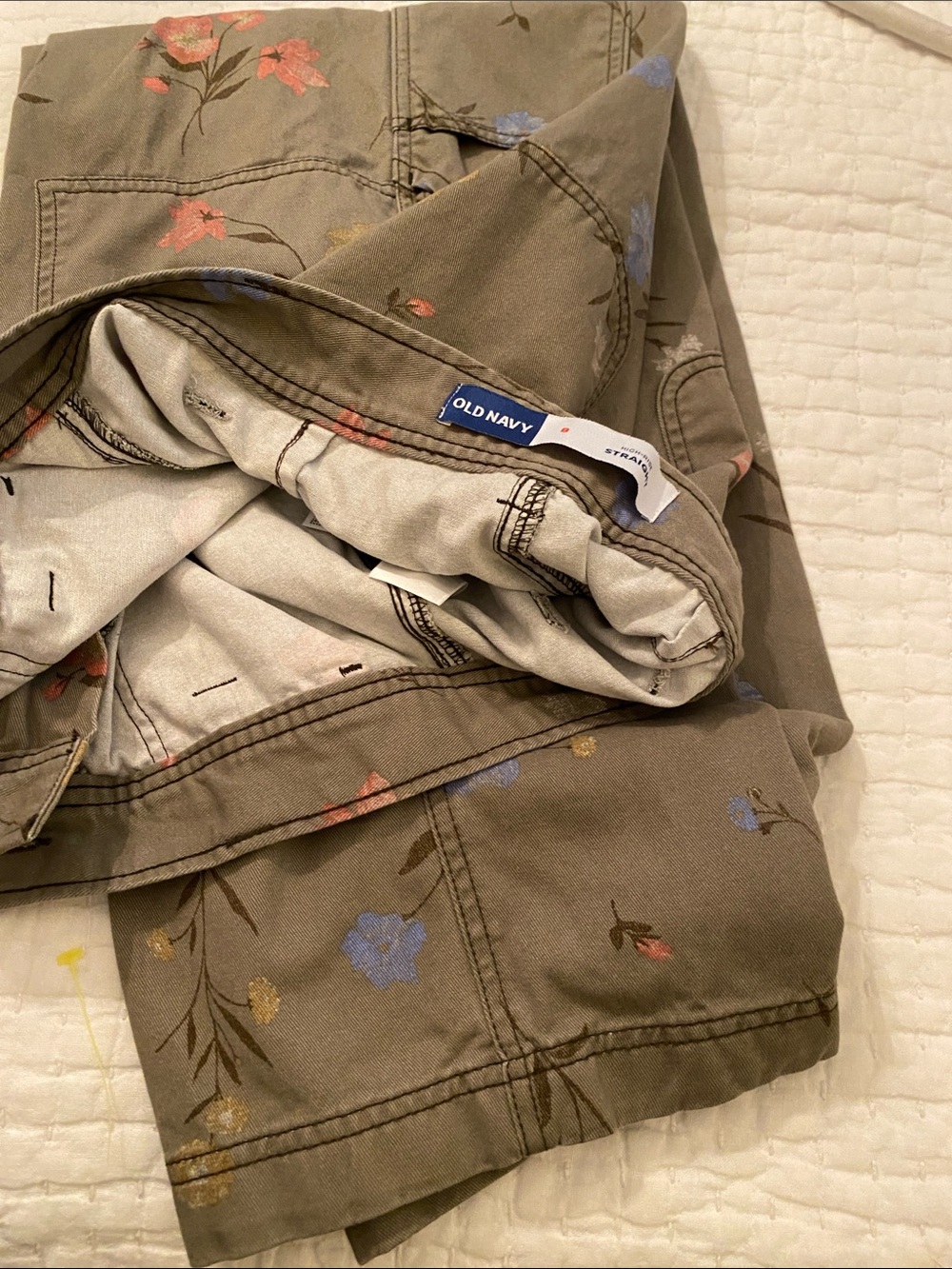 Old Navy Olive Floral Cargo Pants with Blue, Pink & Gold Accents